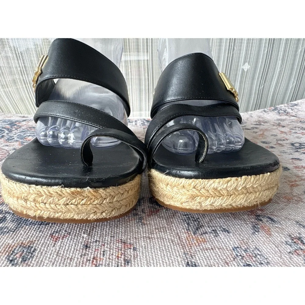 Michael Kors Black Leather Espadrille Wedge Sandals Toe Loop Platform Slides